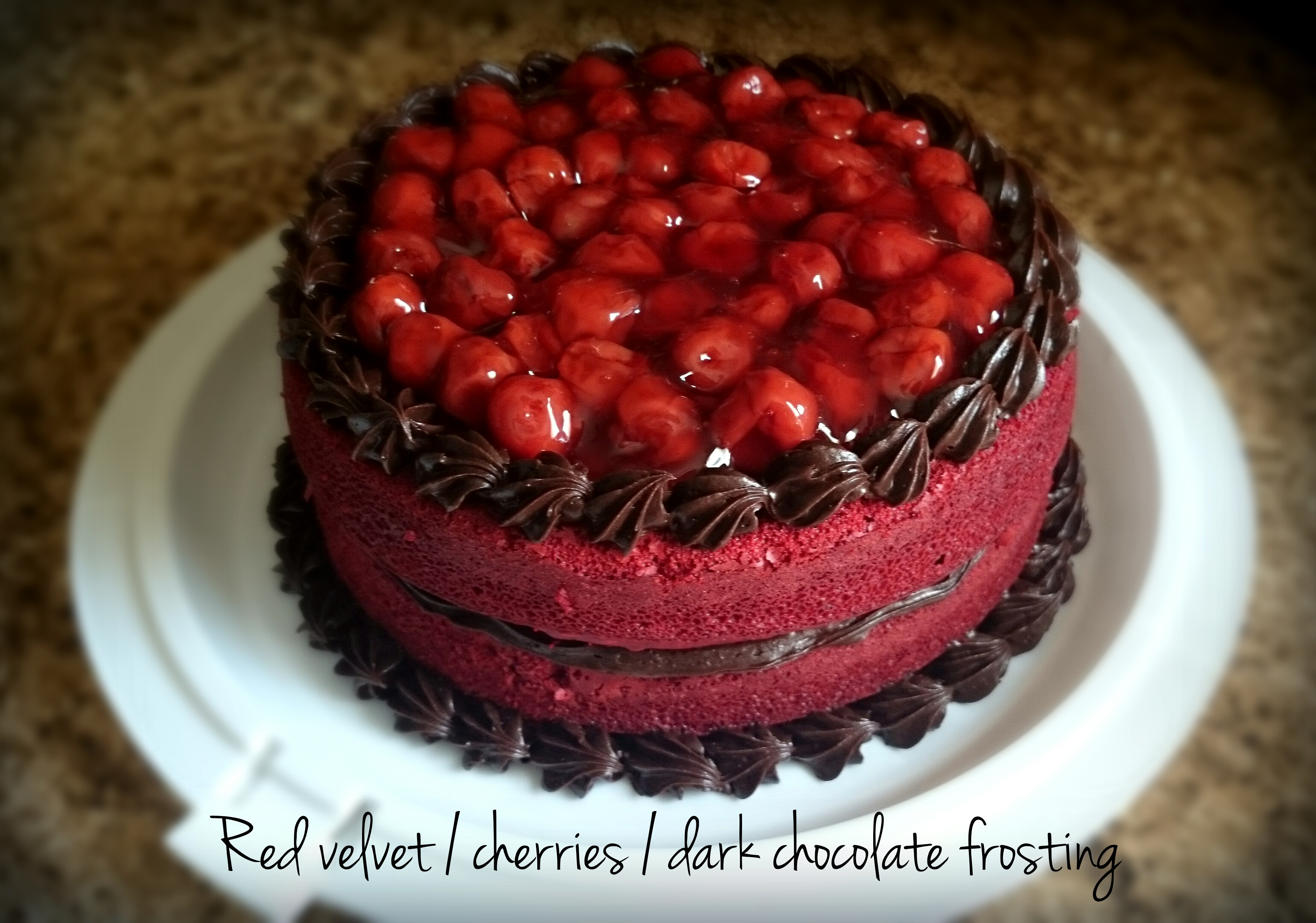 Red Velvet with Cherries and Dark Chocolate Frosting